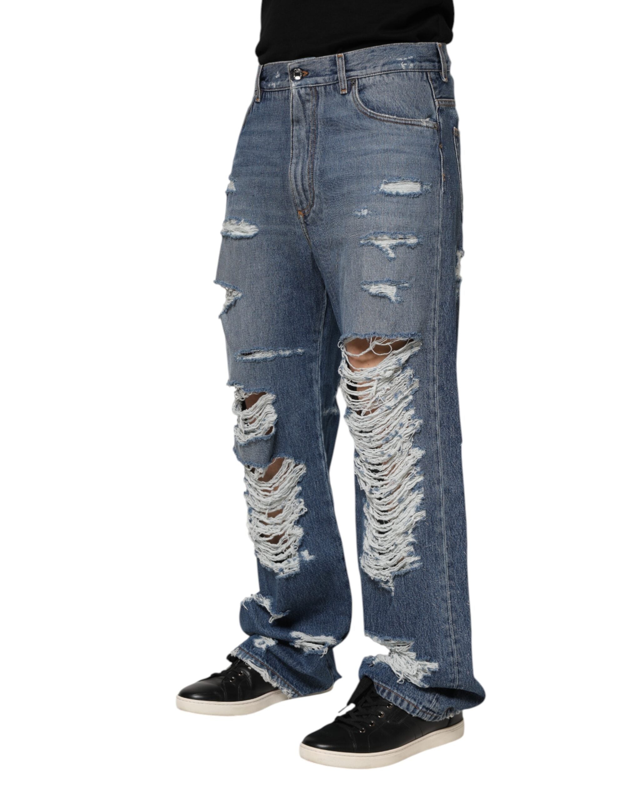 Dolce & Gabbana Blue Tattered Cotton Logo Plaque Denim Jeans